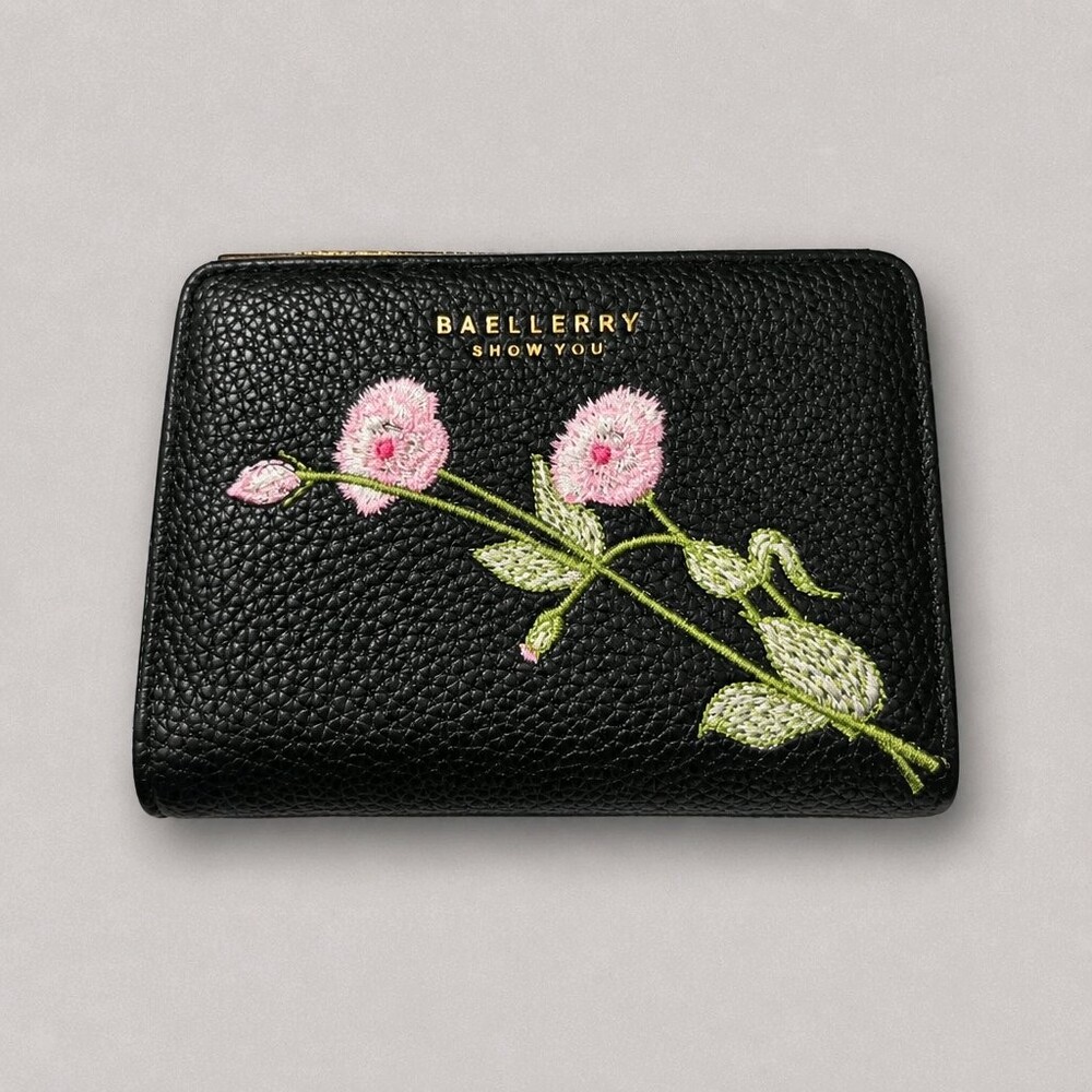 Baellerry Small Black PU Leather Wallet Floral Embroidery Compact
